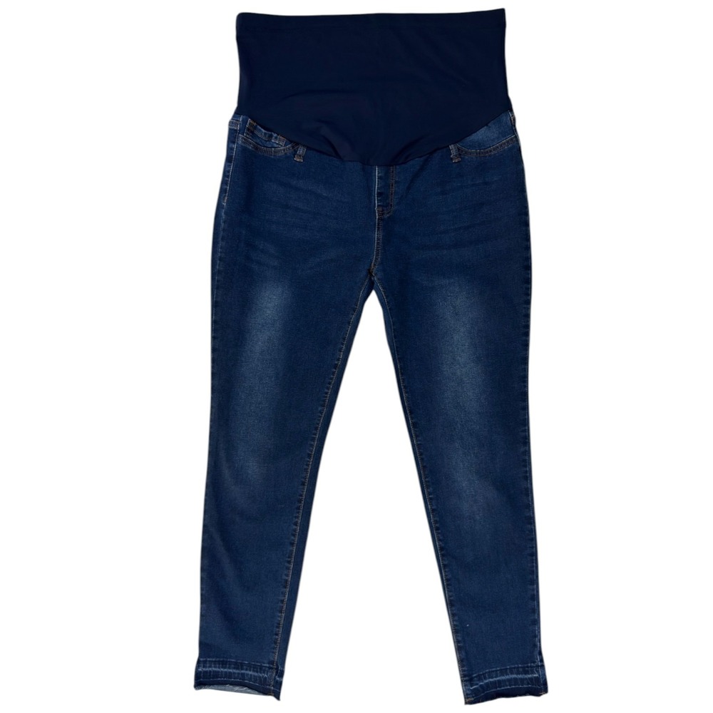 Shein Maternity Skinny Jeans 12 XL Blue Over Belly Raw Hem Prenatal Dark Wash
